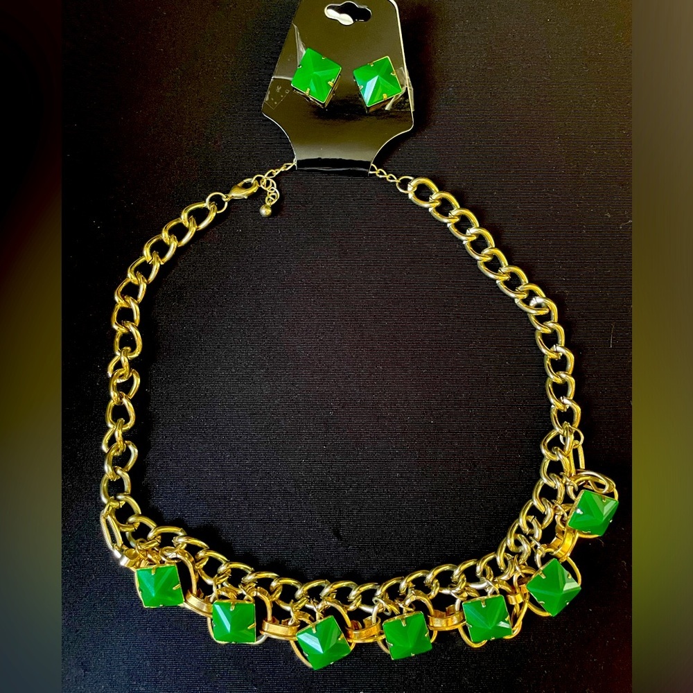 3-Piece Goldtone/Green Statement Jewelry